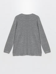 Lcw Grace Gray Crew Neck Shiny Stone Printed Women'S Knitwear Sweater