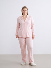LCW Dream Pink Plus Size Shirt Collar Heart Printed Women Pajama Set