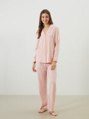 LCW Dream Pink Plus Size Shirt Collar Heart Printed Women Pajama Set
