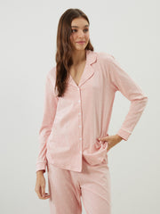 LCW Dream Pink Plus Size Shirt Collar Heart Printed Women Pajama Set