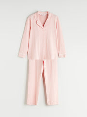 LCW Dream Pink Plus Size Shirt Collar Heart Printed Women Pajama Set