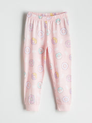LCW Kids Pink Crew Neck Printed Girls Pajama Set