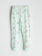 LCW Kids Turquoise Crew Neck Printed Long Sleeve Girls Pajama Set