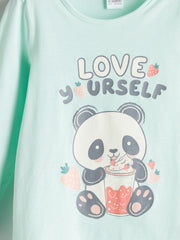 LCW Kids Turquoise Crew Neck Printed Long Sleeve Girls Pajama Set