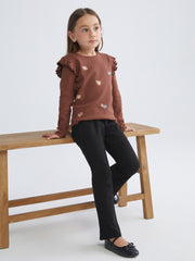 LCW Kids Brown Crew Neck Flower Embroidered Girls T-Shirt