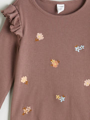 LCW Kids Brown Crew Neck Flower Embroidered Girls T-Shirt