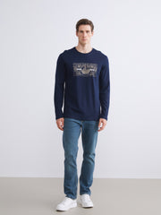 LCW Classic Navy Blue Crew Neck Long Sleeve Printed Men Sweatshirt