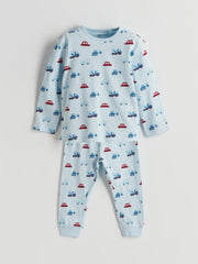 LCW Baby Blue Crew Neck Printed Baby Boy Pajama Set