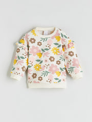 LCW Baby Ecru Crew Neck Floral Baby Girl Sweatshirt And Tights 2-Pack