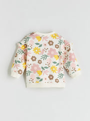 LCW Baby Ecru Crew Neck Floral Baby Girl Sweatshirt And Tights 2-Pack