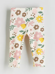 LCW Baby Ecru Crew Neck Floral Baby Girl Sweatshirt And Tights 2-Pack