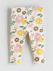 LCW Baby Ecru Crew Neck Floral Baby Girl Sweatshirt And Tights 2-Pack