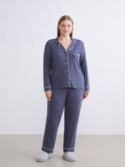 LCW Dream Navy Blue Shirt Collar Women Pajama Set