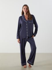 LCW Dream Navy Blue Shirt Collar Women Pajama Set
