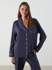 LCW Dream Navy Blue Shirt Collar Women Pajama Set