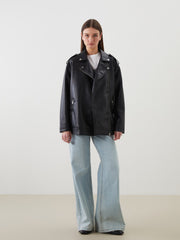 LCW Modest Black Shirt Collar Oversize Women Leather Look Jacket