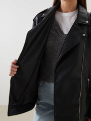 LCW Modest Black Shirt Collar Oversize Women Leather Look Jacket