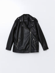 LCW Modest Black Shirt Collar Oversize Women Leather Look Jacket