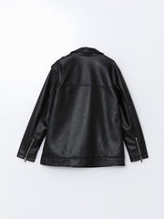 LCW Modest Black Shirt Collar Oversize Women Leather Look Jacket