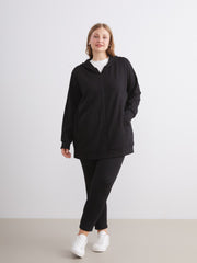 LCW Classic Black Hooded Oversize Women Zippered Sweatshirt