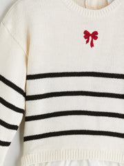 LCW Kids Ecru Crew Neck Striped Girls Knitwear Sweater