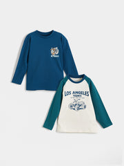 LCW Kids Beige Crew Neck Printed Long Sleeve BoyS T-Shirt 2-Pack