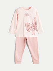 LCW Baby Pink Crew Neck Baby Girl T-Shirt And Sweatpants