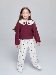 LCW Kids Burgundy Baby Collar Floral GirlS Knitwear Sweater