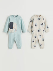 LCW Baby Blue Crew Neck Printed Baby Boy Pajama Set 2-Piece