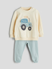 LCW Baby Beige Crew Neck Printed Baby Boy Sweatshirt And Tracksuit Bottom 2-Pack