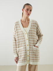 LCW Classic Brown V-Neck Patterned Women Knitwear Cardigan