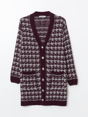 LCW Classic Brown V-Neck Patterned Women Knitwear Cardigan