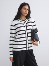 LCW Modest Black Crew Neck Striped Women Knitwear Cardigan