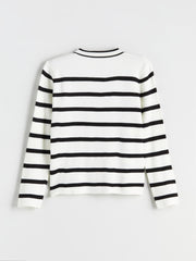 LCW Modest Black Crew Neck Striped Women Knitwear Cardigan