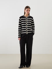 LCW Modest Black Crew Neck Striped Women Knitwear Cardigan