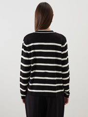 LCW Modest Black Crew Neck Striped Women Knitwear Cardigan
