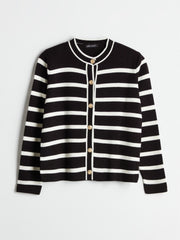 LCW Modest Black Crew Neck Striped Women Knitwear Cardigan