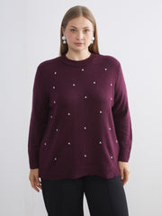 LCW Classic Purple Crew Neck Beaded Women Knitwear Sweater