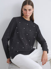 LCW Classic Purple Crew Neck Beaded Women Knitwear Sweater