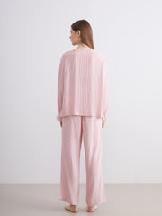 LCW Young Pink V-Neck Striped Women Pajama Set