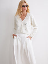 Xside Ecru V-Neck Floral Embroidered Women Knitwear Cardigan