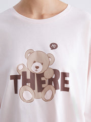 LCW Young Pink Crew Neck Bear Printed Women Pajama Set