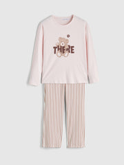 LCW Young Pink Crew Neck Bear Printed Women Pajama Set