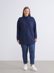 LCW Modest Navy Blue Stand Collar Oversize Women Sweatshirt Tunic