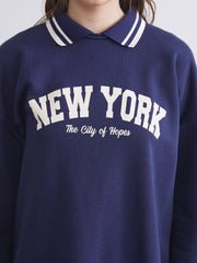 LCW Modest Navy Blue Polo Neck New York Printed Women Sweatshirt