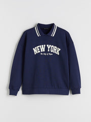 LCW Modest Navy Blue Polo Neck New York Printed Women Sweatshirt