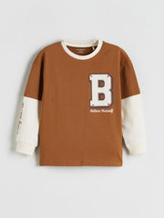 LCW Kids Brown Crew Neck Printed Long Sleeve BoyS T-Shirt