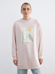 LCW Modest Pink Crew Neck Printed Women Sweatshirt Tunic