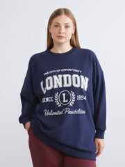 LCW Modest Navy Blue London Printed Oversize Women Sweatshirt Tunic