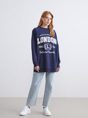 LCW Modest Navy Blue London Printed Oversize Women Sweatshirt Tunic